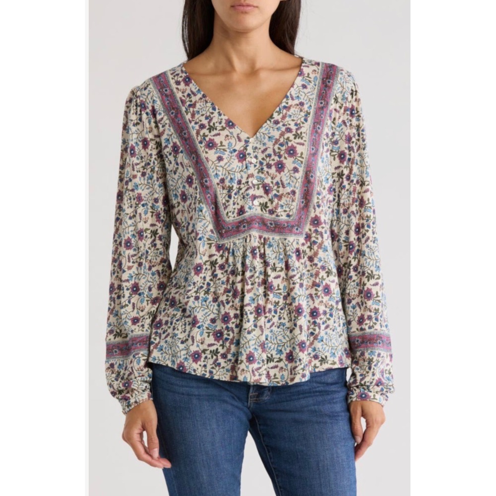 Lucky Brand Cotton Floral Peplum Top V-Neck S Boho Peasant Indie Fall Feminine